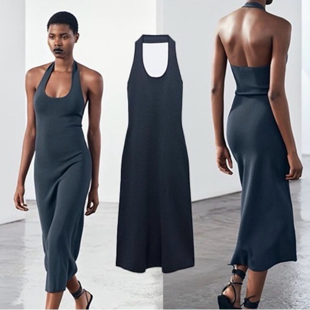 Zara Dark Gray Backless Halter Midi Dress